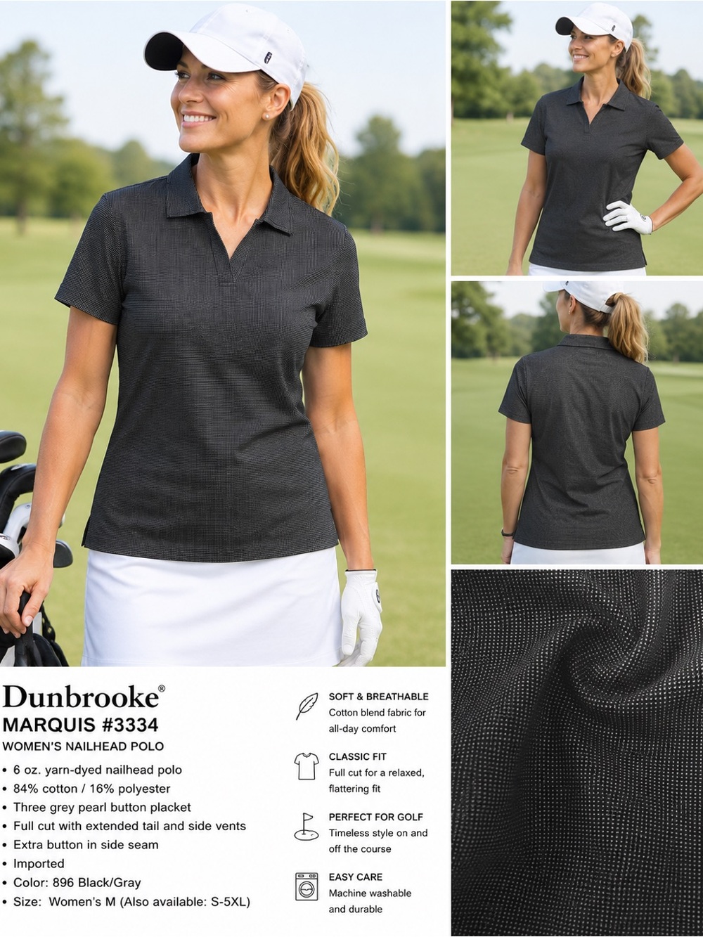 Dunbrooke Women’s Medium Marquis Black Gray Nailhead Polo Shirt NWT M